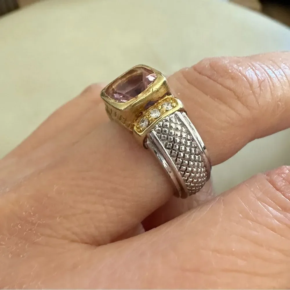 Judith Ripka 18k Yellow Gold Diamond and pink Zircon and silky ring